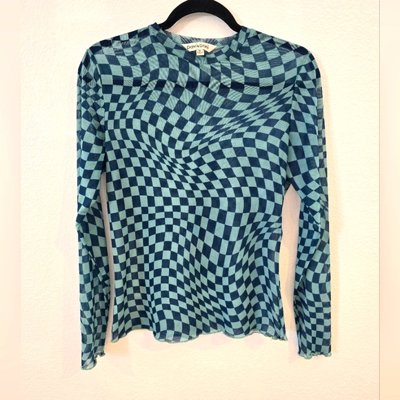Davi & Davi Blue Checkerboard Mesh Long Sleeve Layering Top Size Small - Picture 1 of 7